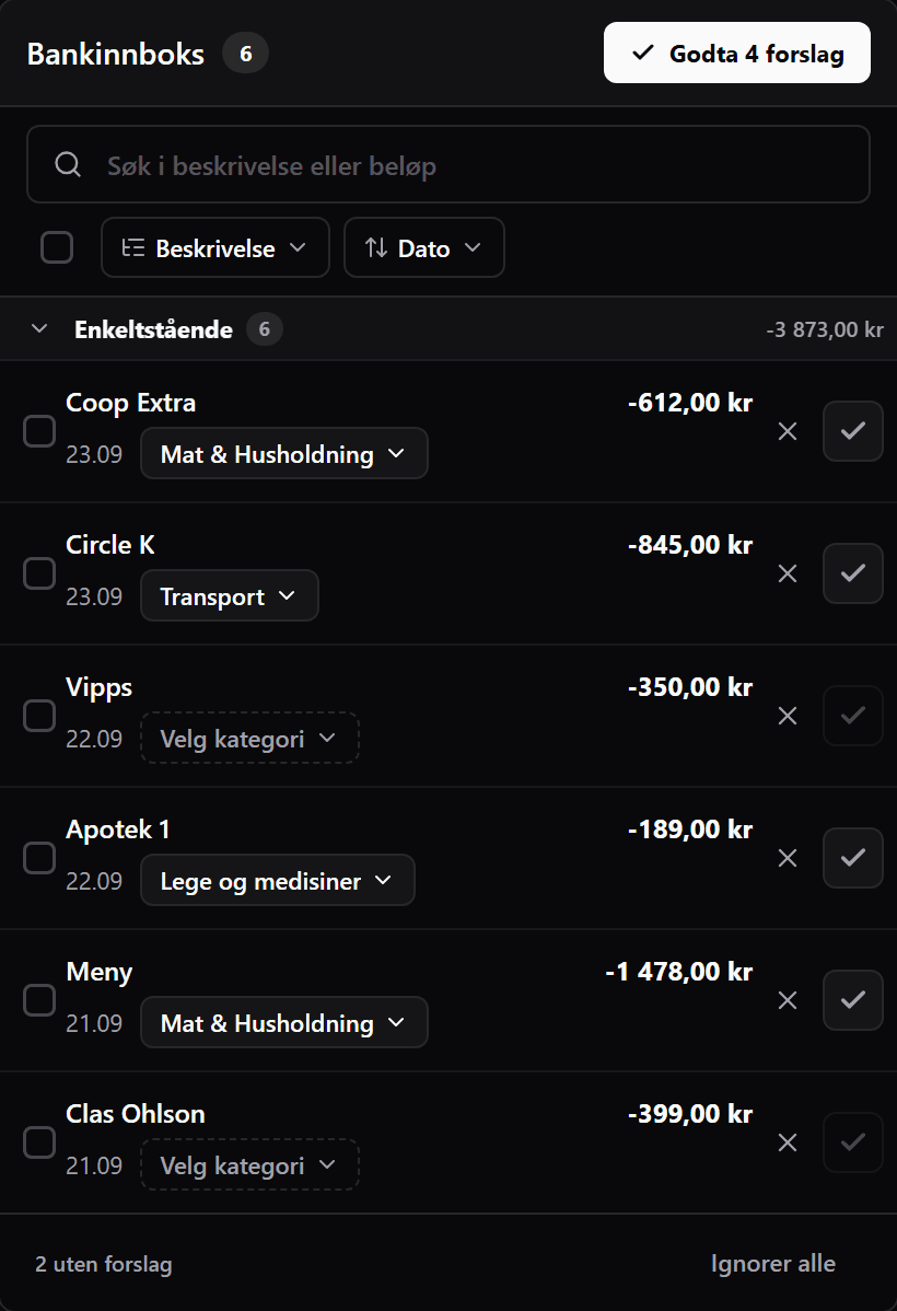 Bankinnboksen med transaksjoner fra banken og foreslåtte kategorier
