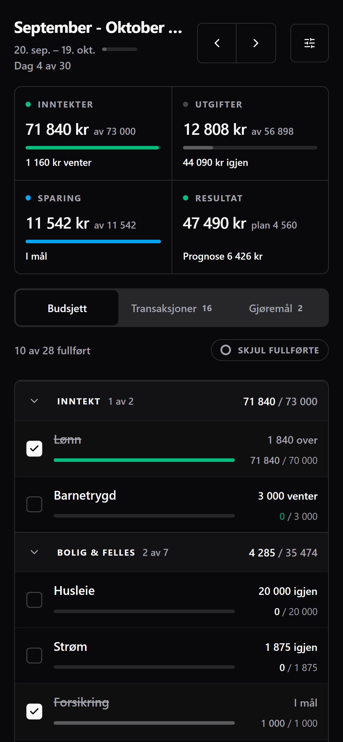 Budsjettet i Mnthly på en mobil, med inntekter, utgifter, sparing og resultat øverst og kategoriene under