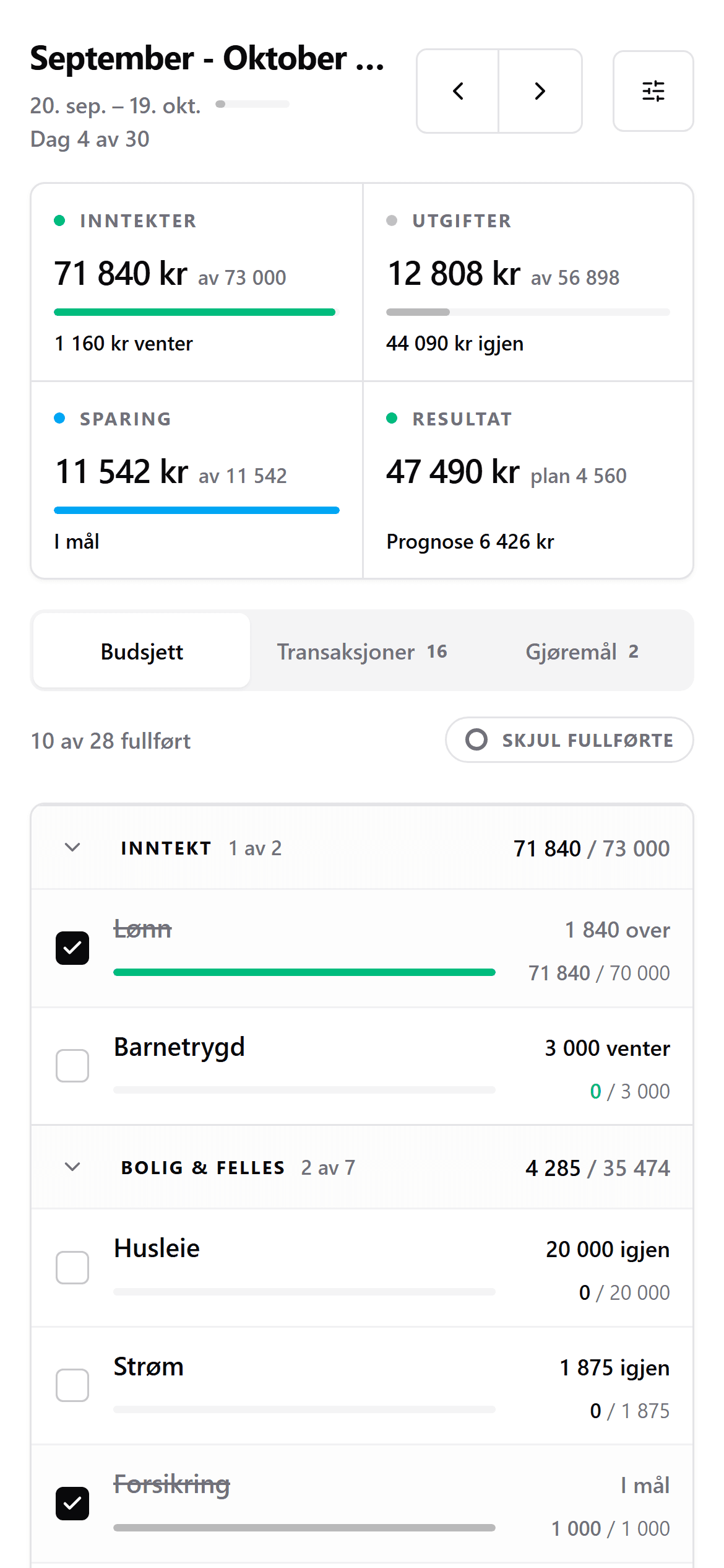 Budsjettet i Mnthly på en mobil, med inntekter, utgifter, sparing og resultat øverst og kategoriene under