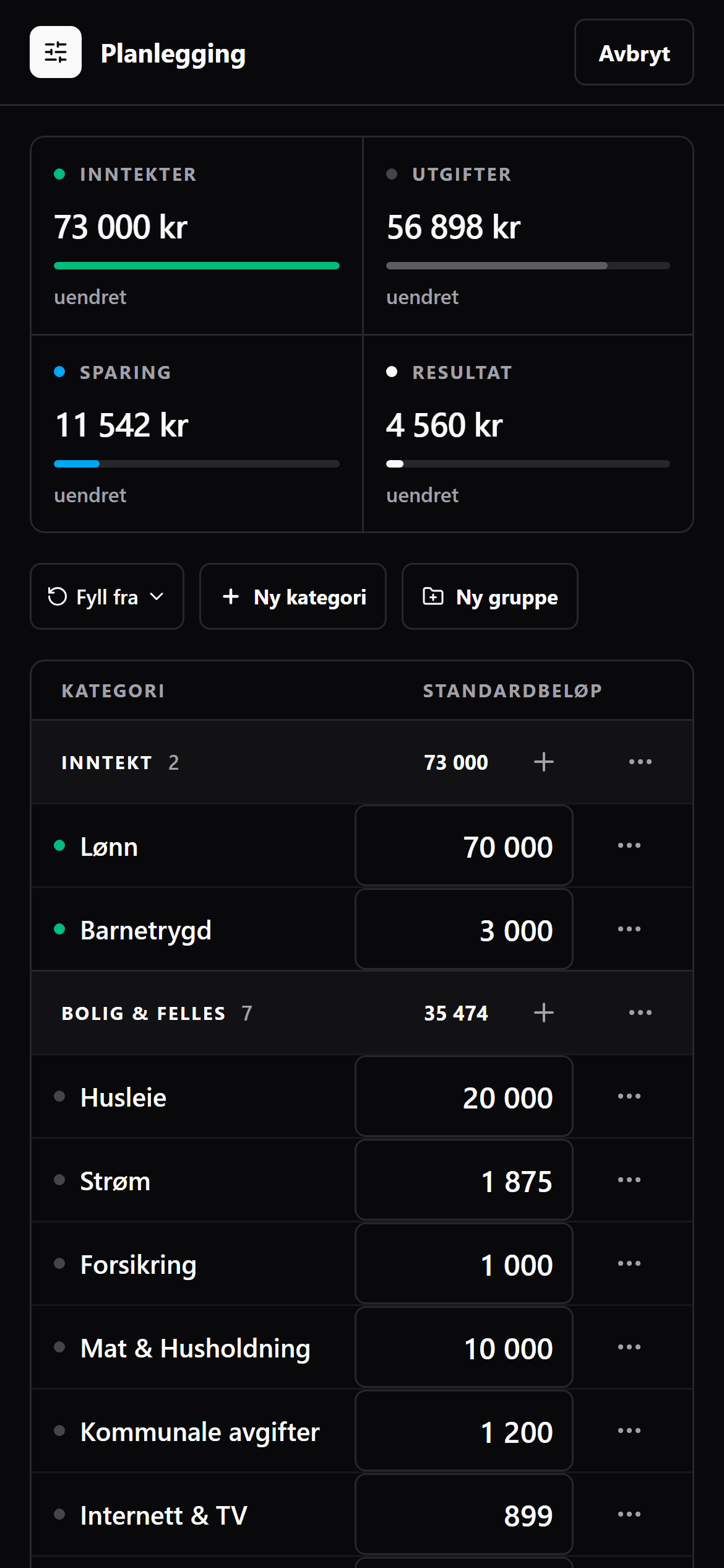 Planleggeren i Mnthly, med standardbeløp og snitt for de siste tre periodene per kategori, og hvor mye som står igjen å fordele
