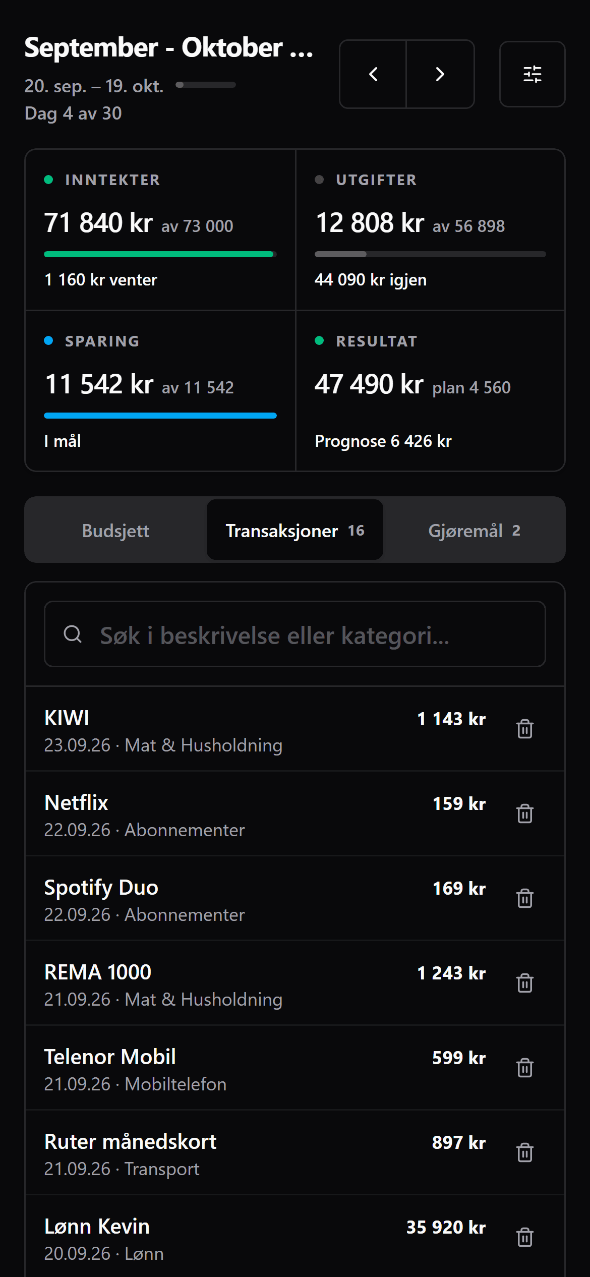 Transaksjonene for perioden, med dato, kategori og beløp