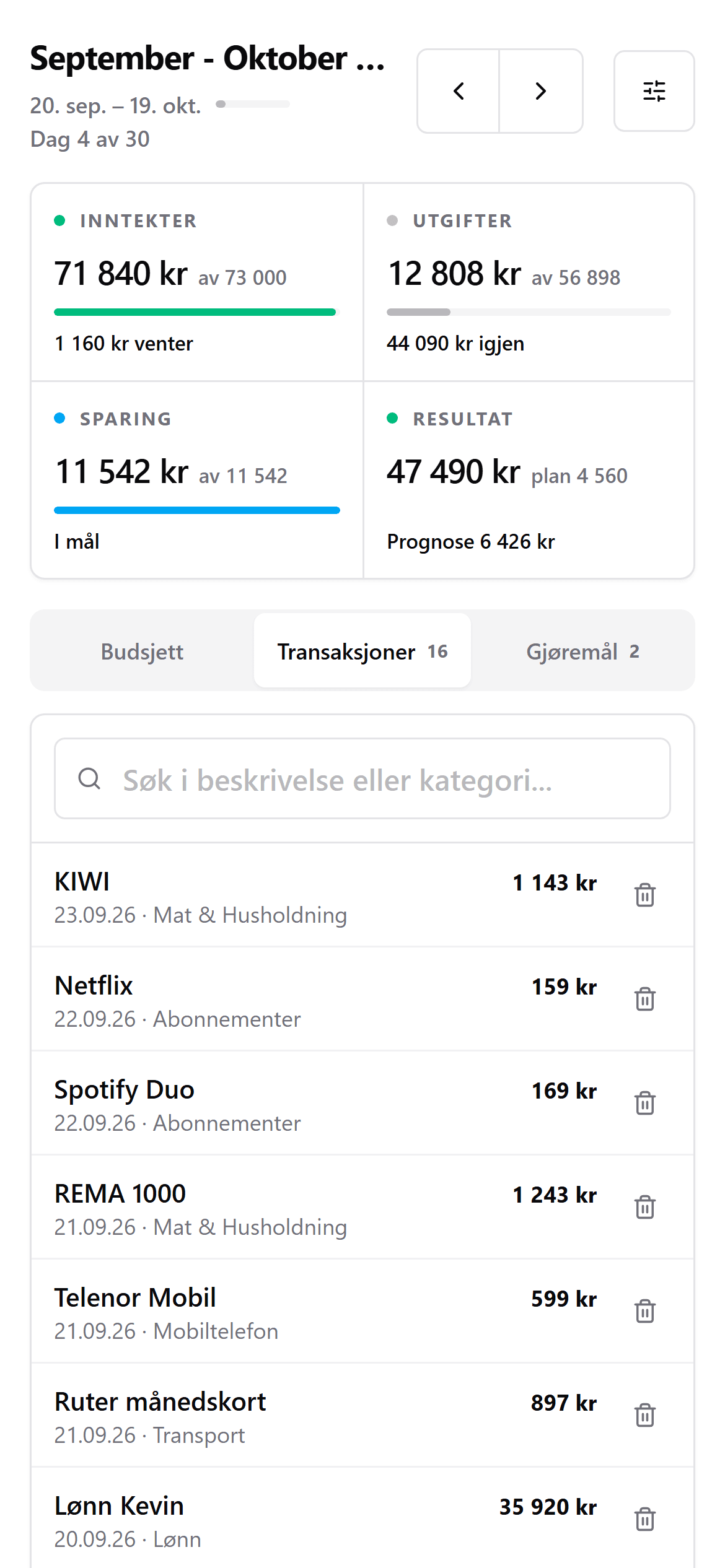 Transaksjonene for perioden, med dato, kategori og beløp